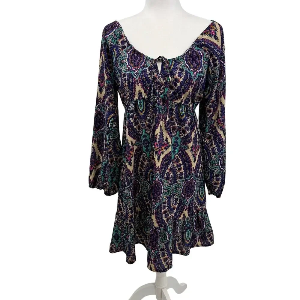 Earthbound Long Sleeve Midi Dress M Purple Paisley Y2K Tie Neck Babydoll Boho - Picture 1 of 9